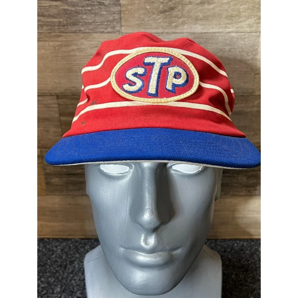 Vintage New Era Custom STP Racing Snapback Pillbox Hat Red w/ White Stripes